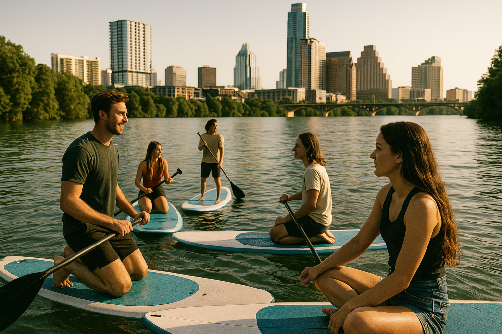 Young adults in recovery from drug addiction paddleboarding on Lake Austin with downtown Austin skyline in the background
