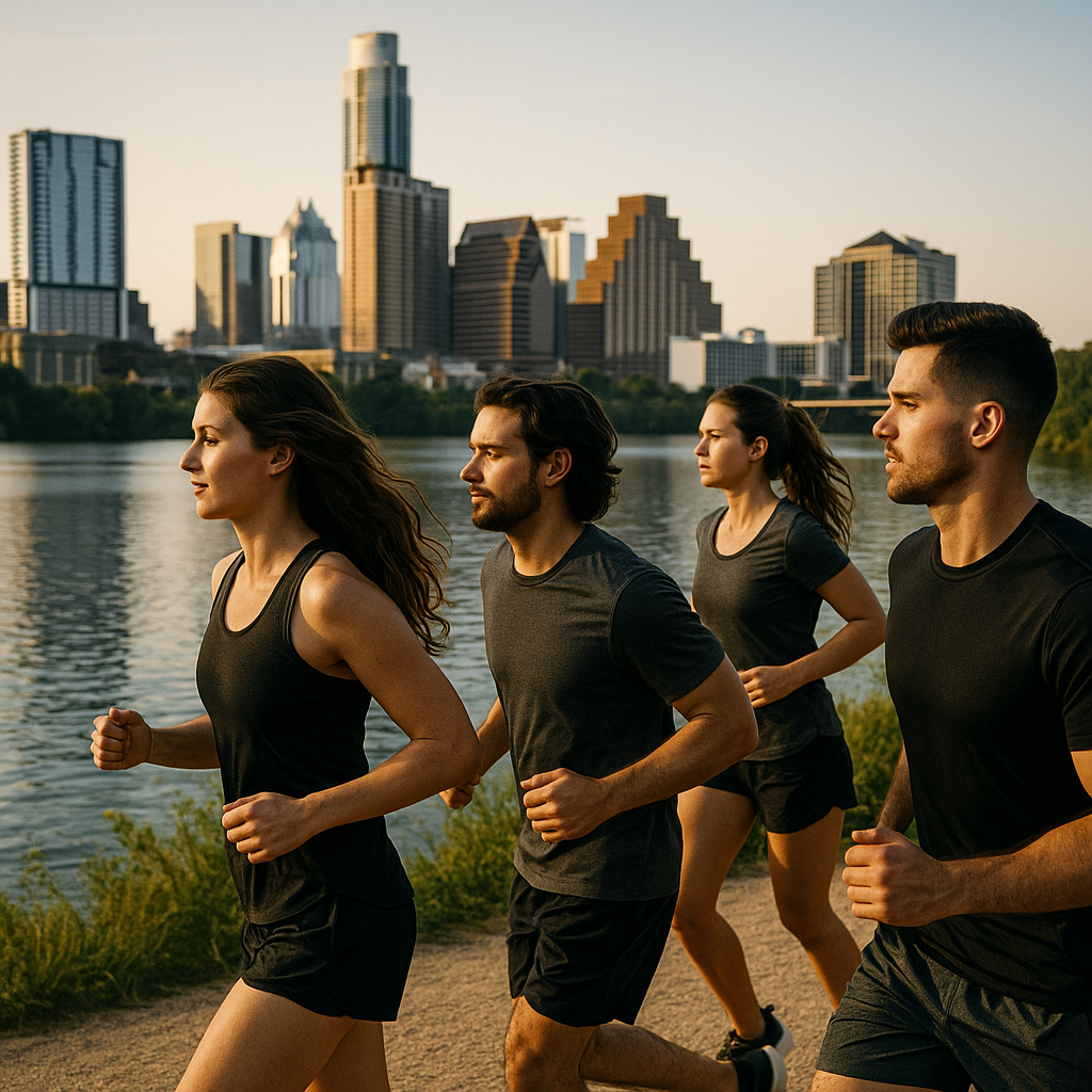 Young adults in recovery from drug addiction jogging on Butler Hike-and-Bike Trail with Austin skyline and Lady Bird Lake in the background