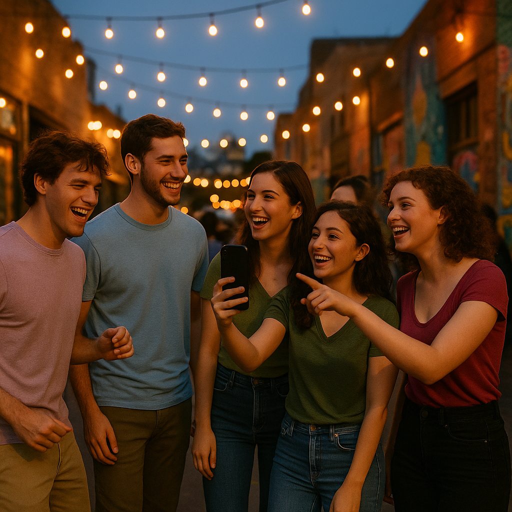 Group of young adults laughing together outdoors at night, showcasing a positive, drug-free lifestyle after Strattera misuse.