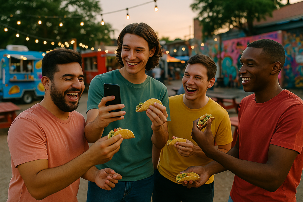 Group of young men eating tacos and laughing at a food truck park, enjoying life in recovery from Strattera misuse.