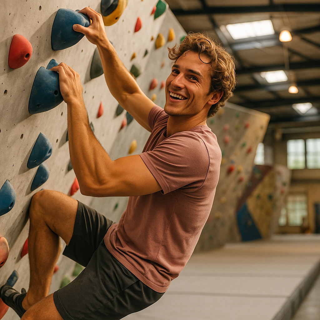 Man smiling while rock climbing as part of his alcohol addiction recovery journey