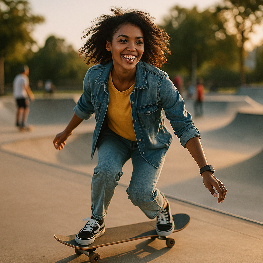 Happy woman skateboarding at a skatepark during her recovery from alcohol addiction
