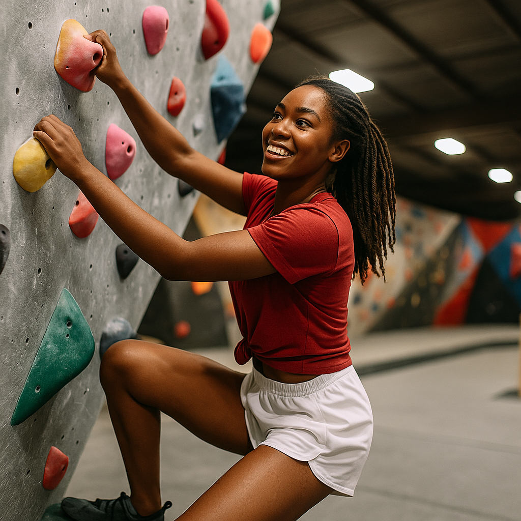 Woman climbing a rock wall as part of her alcohol addiction recovery routine