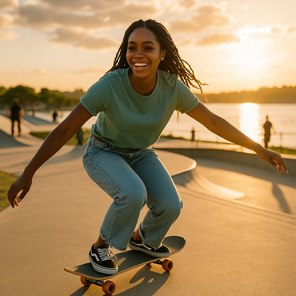 Young woman skateboarding at sunset as part of her alcohol addiction recovery journey