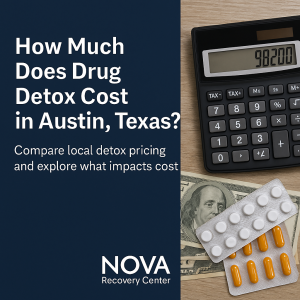Drug detox cost graphic with calculator, pills, and Nova Recovery Center logo