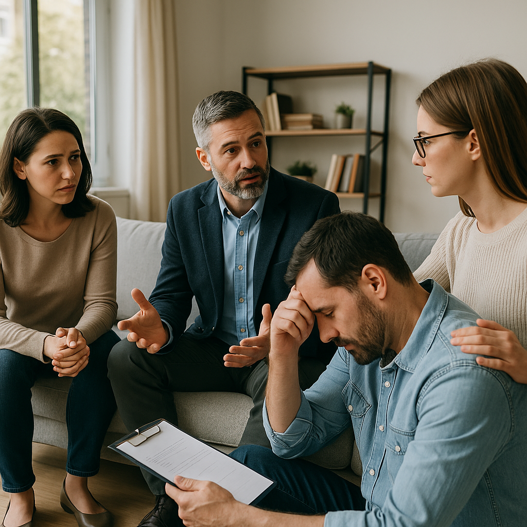 Family and friends hold a calm intervention for a man struggling with addiction in a warm, supportive living room, guided by a professional interventionist.