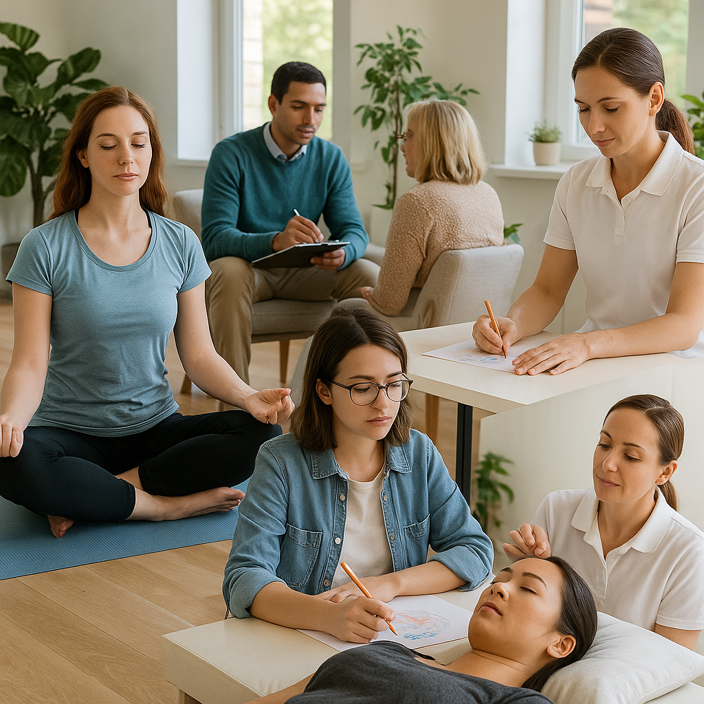 People engaging in holistic drug rehabilitation activities such as yoga, meditation, and art therapy in a calm, sunlit wellness space—symbolizing mind-body addiction recovery at Nova Recovery Center in Texas.