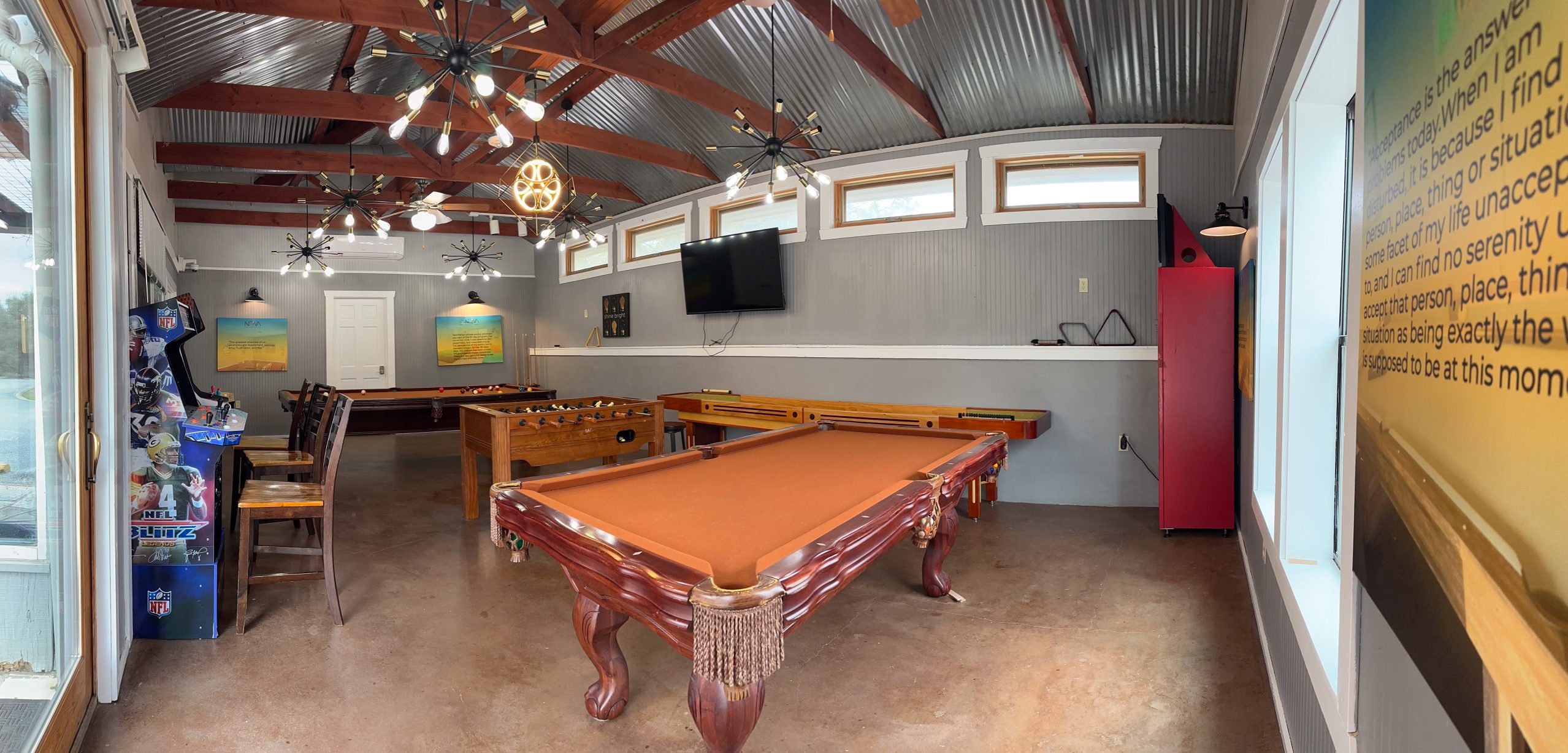 Game room at Nova Recovery Center in Wimberley, TX.