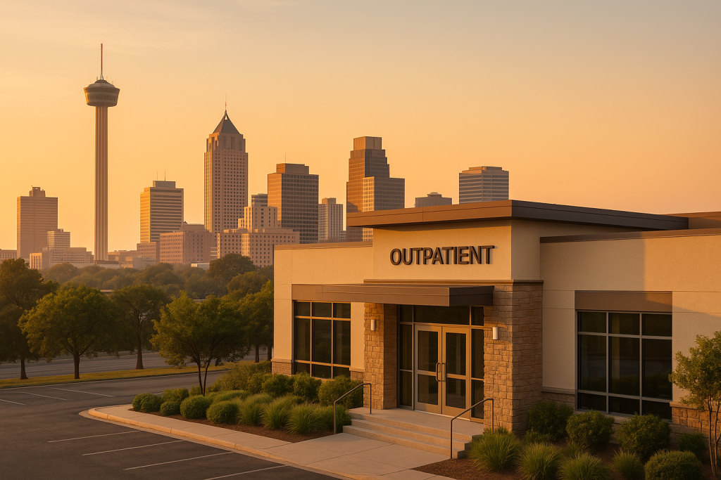 Outpatient alcohol detox in San Antonio—modern medical facility with city skyline at sunrise, symbolizing safe and supportive recovery.