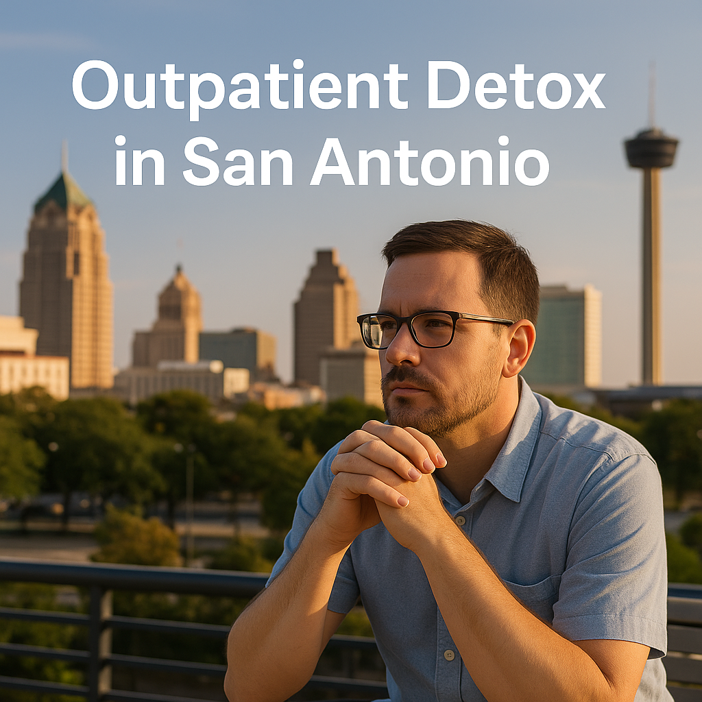 Outpatient detox in San Antonio with the city skyline and Tower of the Americas in the background, representing safe medical detox and addiction recovery services.