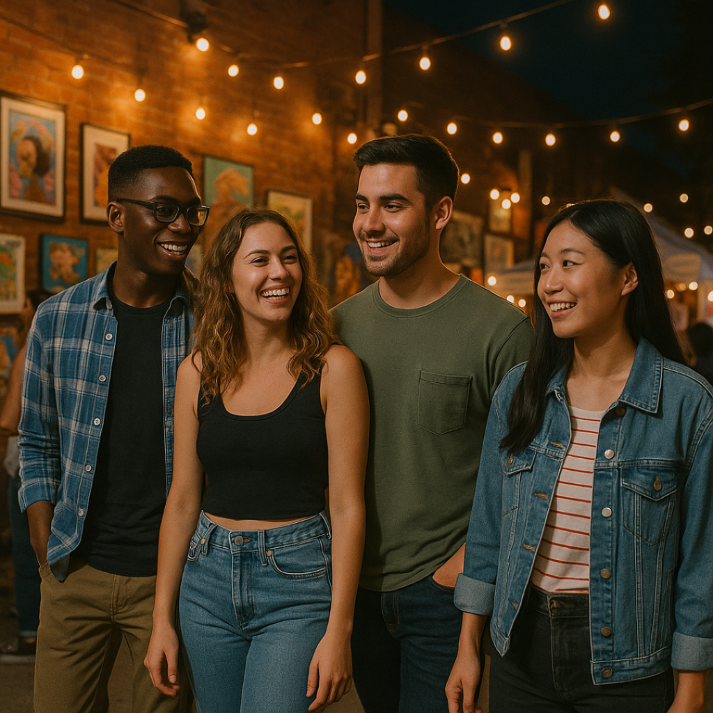 Group of friends laughing together at a vibrant art walk, reflecting social connection during Lexapro recovery.