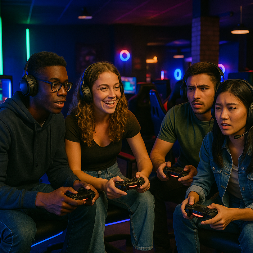Friends engaging in a video game competition, demonstrating stress relief techniques while using Lexapro.