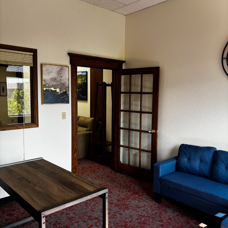 Bright therapy space with blue lounge chair and window light