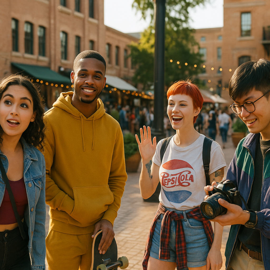 A diverse group of friends enjoying a weekend street market, representing lifestyle balance during Lexapro use.