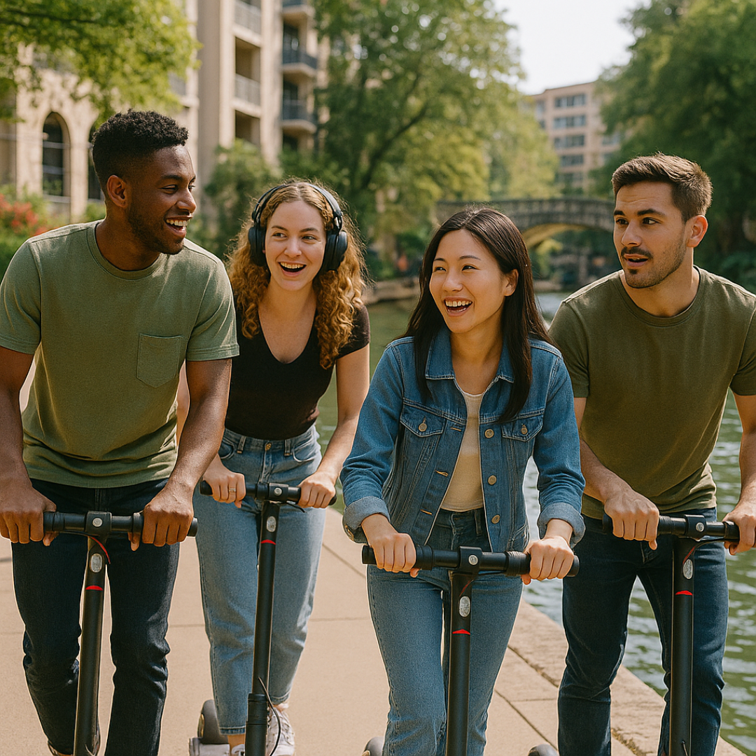 Group riding scooters by the Riverwalk, showcasing active living during Lexapro treatment.