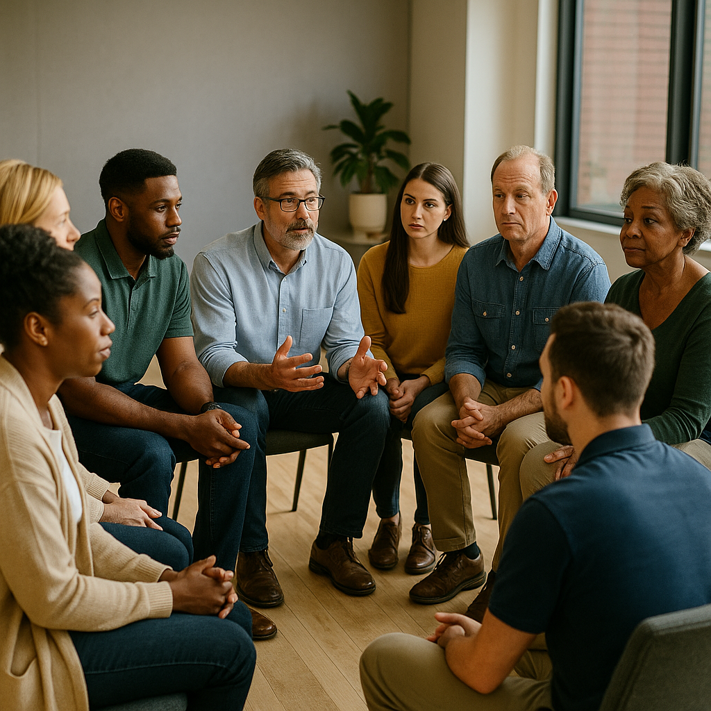 Diverse group in intensive outpatient treatment session at a recovery center in Houston