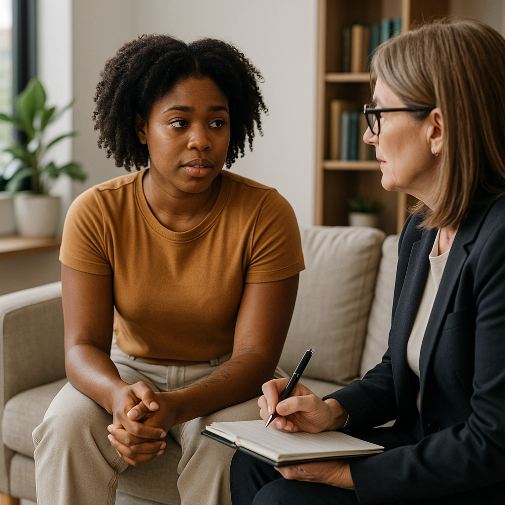 Young woman receiving personalized care in an outpatient addiction treatment session