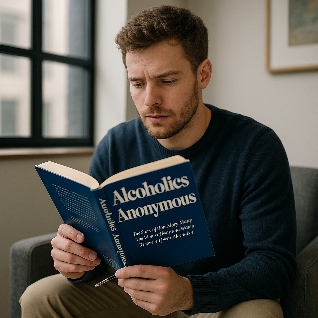 Man reading Alcoholics Anonymous book during outpatient recovery support session
