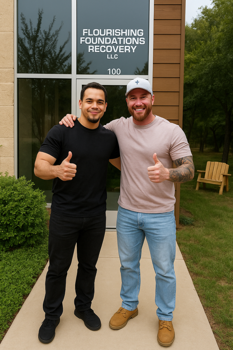 Two men smiling outside Nova Recovery Center