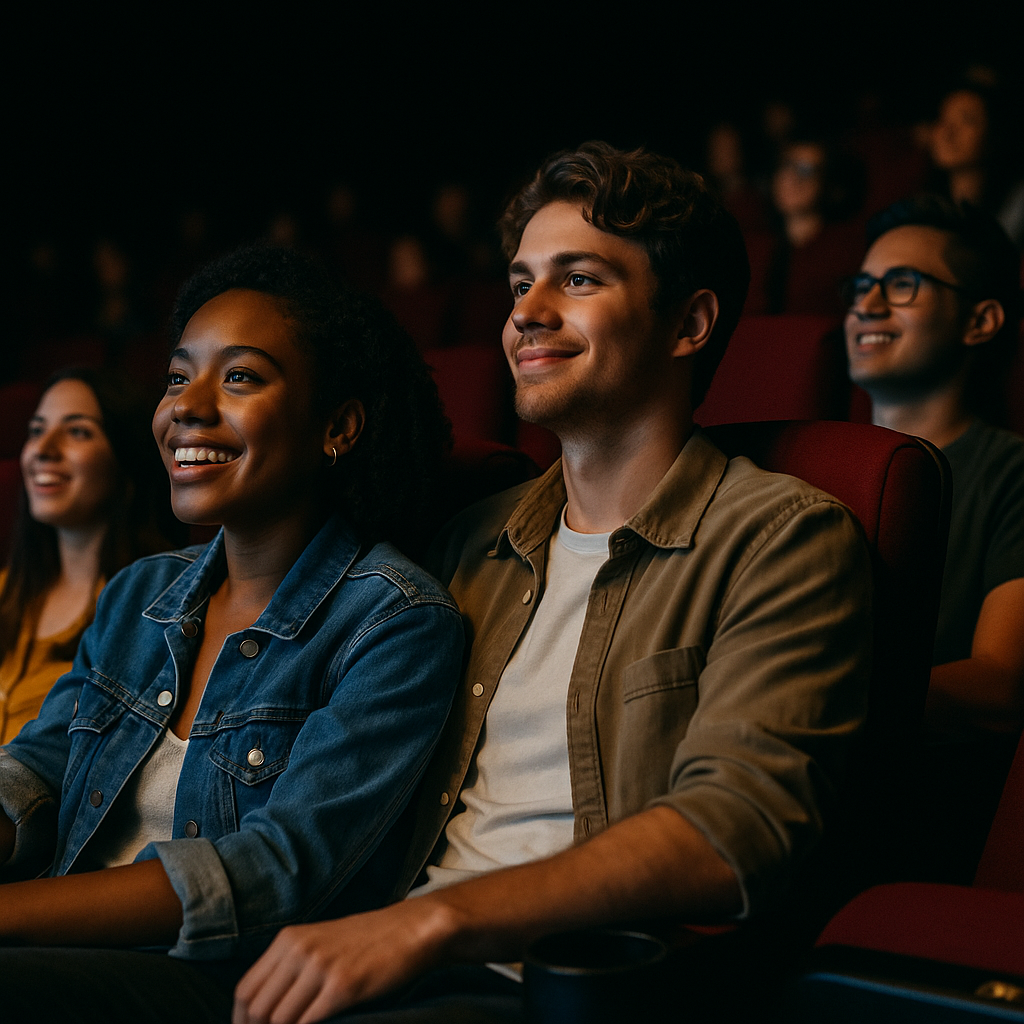 Group of friends watching a movie at a theater, relaxed and engaged without alcohol.