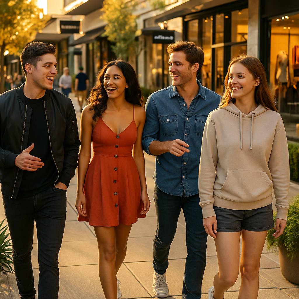 Young friends walking and laughing at The Domain in Austin, enjoying an alcohol-free outing.