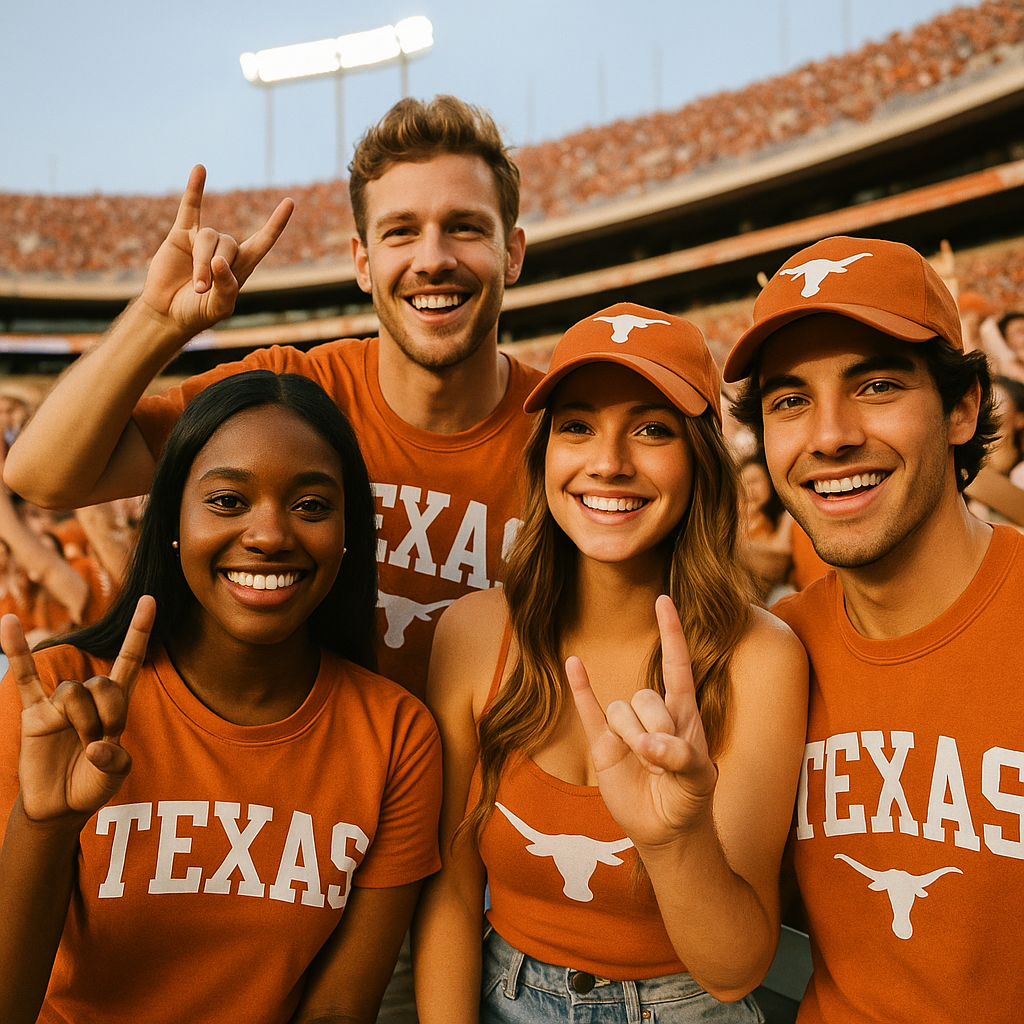 Group of University of Texas fans celebrating at a football game without alcohol.