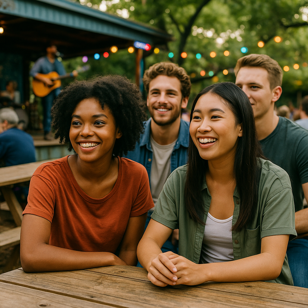 Friends enjoying live music at an outdoor venue, laughing and connecting without alcohol.