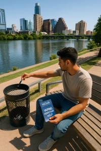 Young Hispanic man sitting near Lady Bird Lake in Austin, Texas, disposing of a vape pen with a Nova Recovery Center brochure about vaping addiction help, with the city skyline and Ann W. Richards Congress Avenue Bridge in the background.