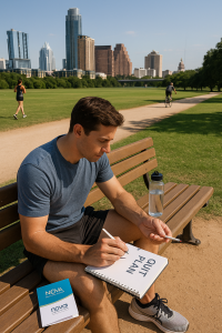Person in Austin, Texas sitting on a park bench in Zilker Park holding a cigarette and a “Quit Plan” notebook with a Nova Recovery Center brochure nearby, preparing to detox from nicotine.