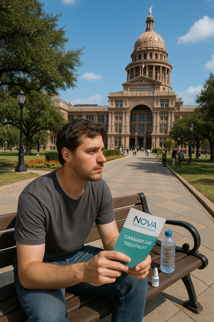 Young adult with red eyes holding a Nova Recovery Center brochure on cannabis use treatment in front of the Texas State Capitol in Austin, Texas.