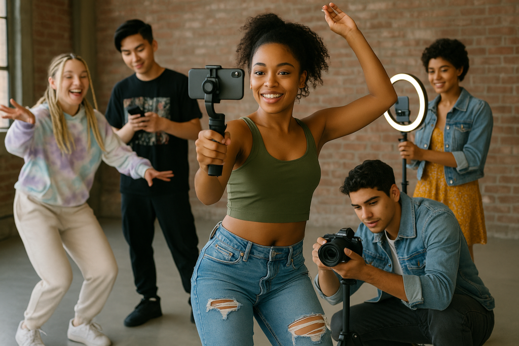Young adults filming content and collaborating in a creative studio environment.
