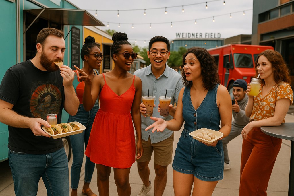 Diverse group of young adults enjoying a food truck event in Colorado Springs.