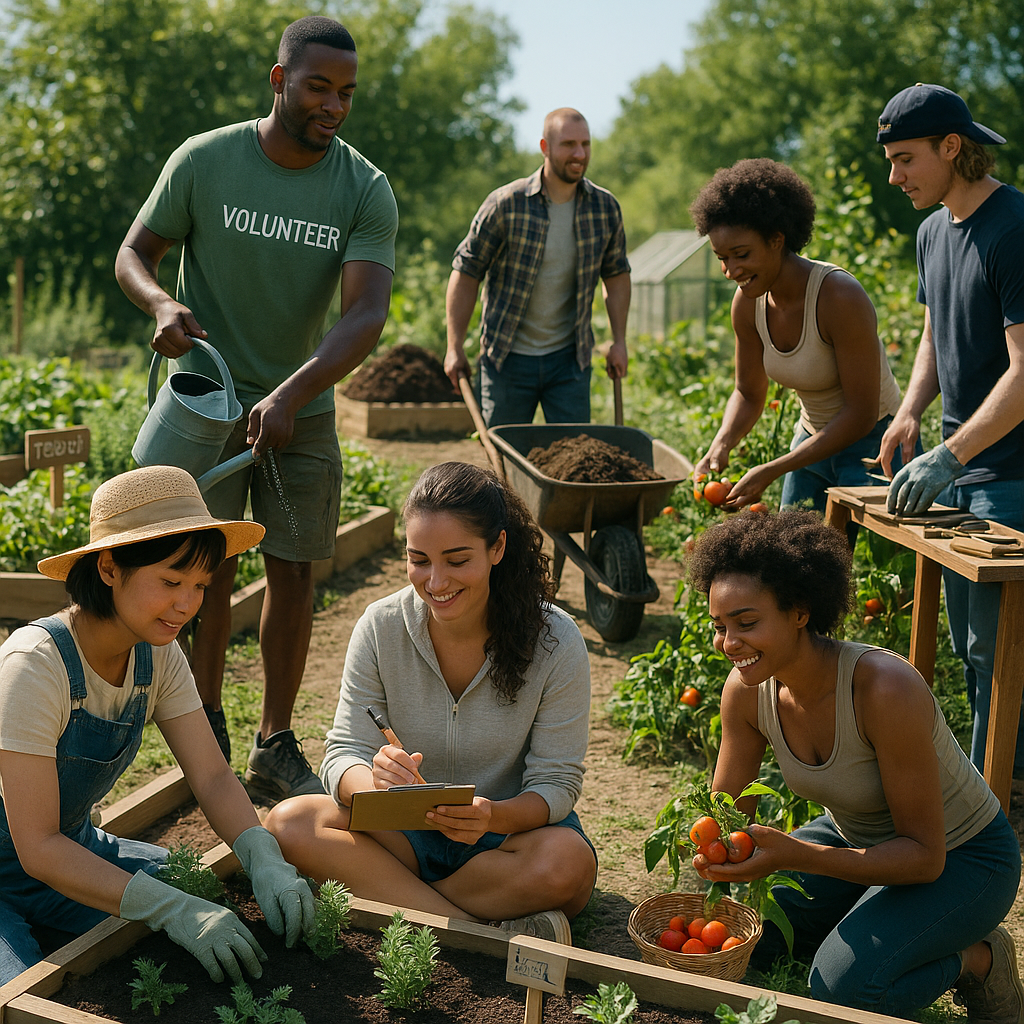 Group of people working together in a community garden during recovery.
