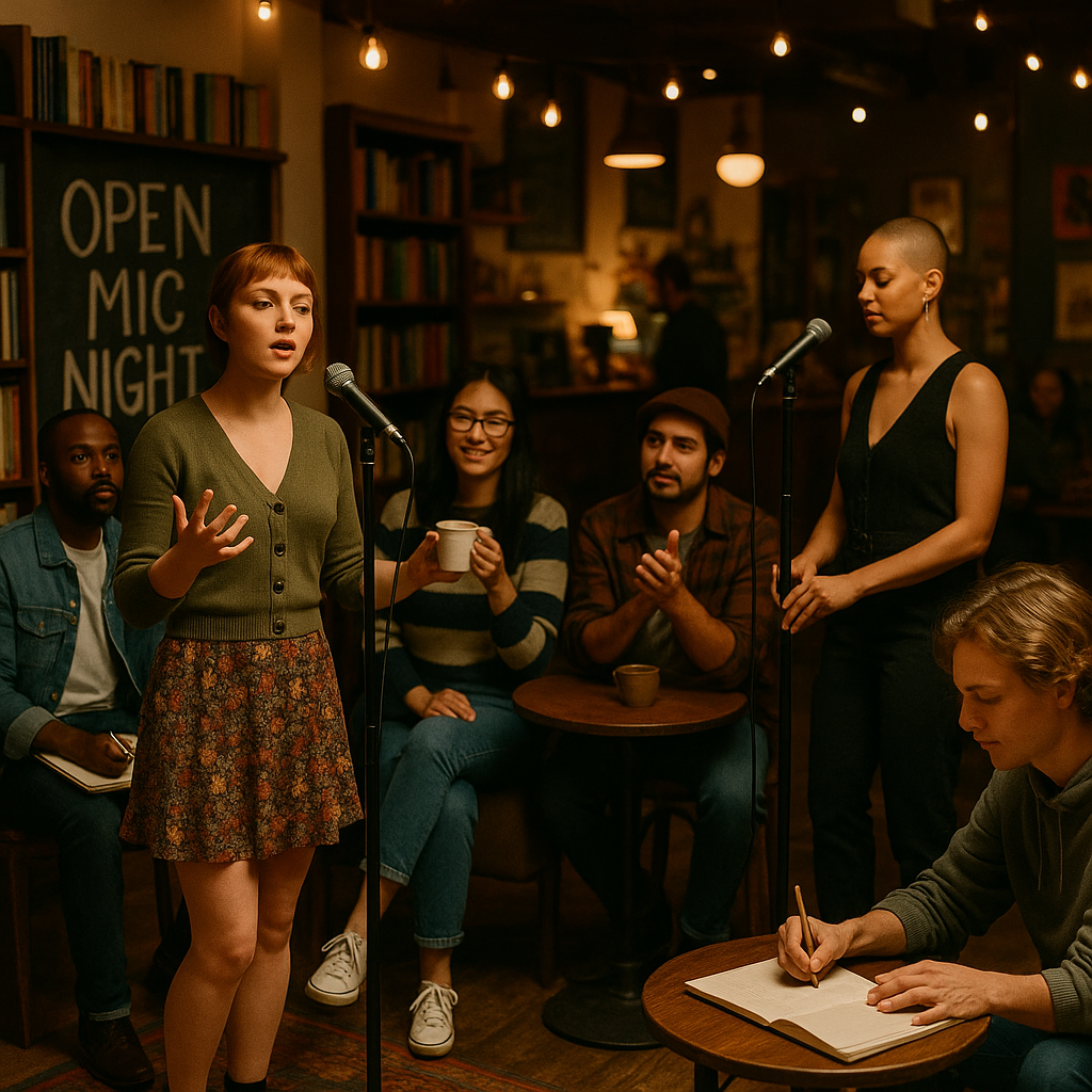 Group of young adults participating in an open mic night for sober social engagement.
