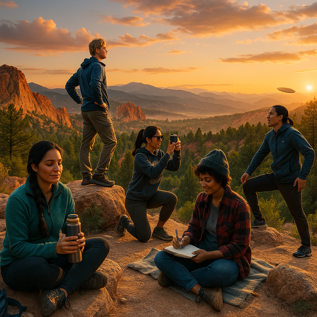 Young adults hiking at sunrise in Colorado Springs, reflecting on recovery and connection.