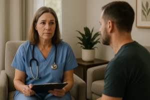 Compassionate medical staff providing supportive care at an Austin detox center during patient consultation.