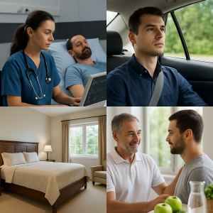 Calm private recovery room at Nova Recovery Center in Austin with a caring nurse assisting a patient during safe, medically supervised alcohol detox.
