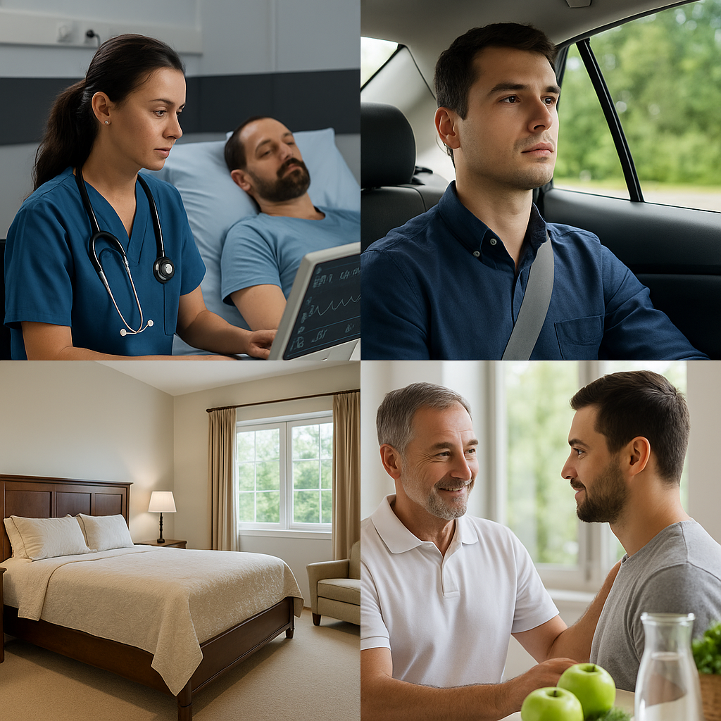 Calm private recovery room at Nova Recovery Center in Austin with a caring nurse assisting a patient during safe, medically supervised alcohol detox.