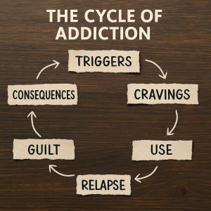 Diagram showing the cycle of addiction with labeled stages: triggers, cravings, use, consequences, guilt, and relapse arranged in a circular loop.