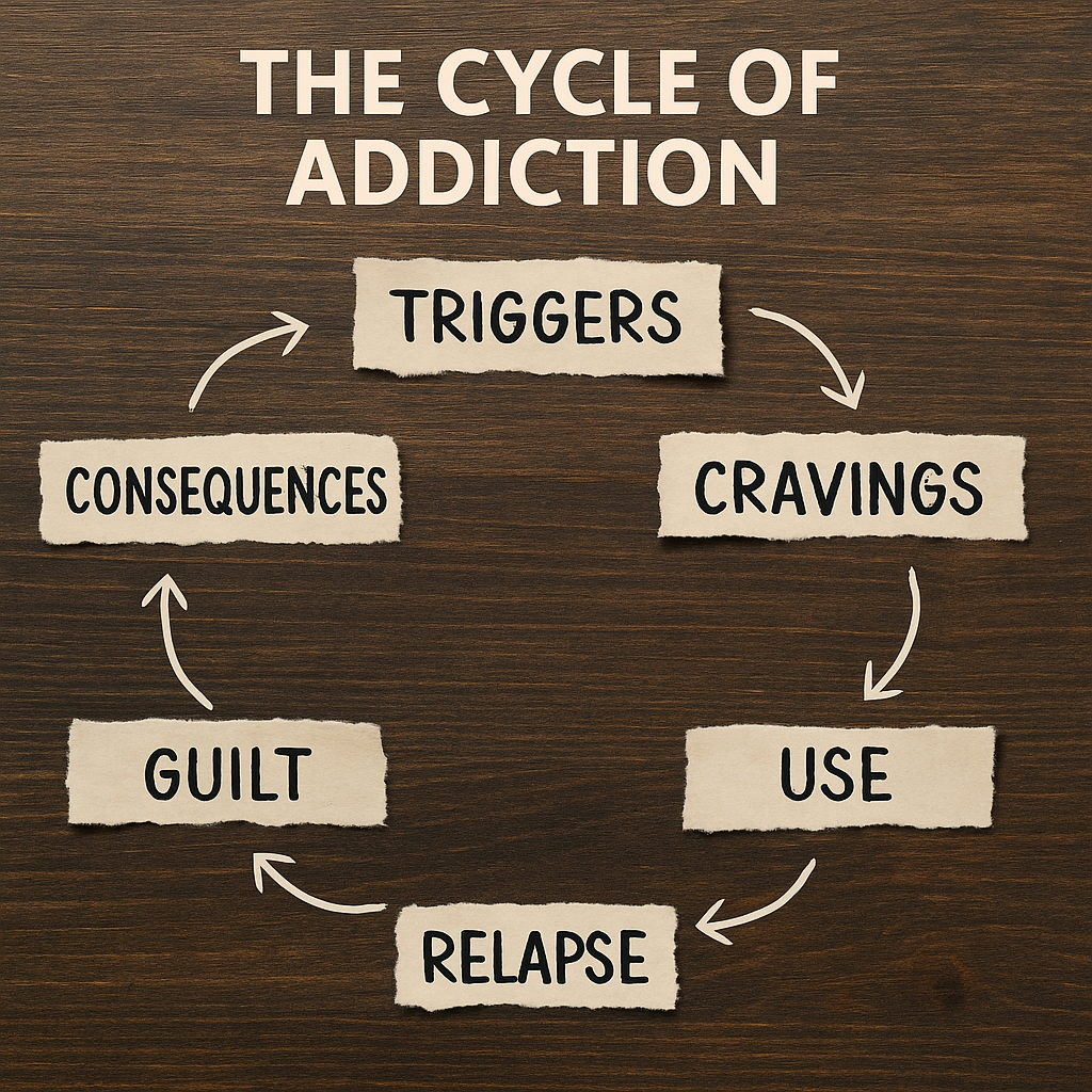 Diagram showing the cycle of addiction with labeled stages: triggers, cravings, use, consequences, guilt, and relapse arranged in a circular loop.
