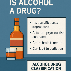 Infographic explaining alcohol drug classification, showing a bottle and glass of alcohol with text stating that alcohol is a depressant, a psychoactive substance, alters brain function, and can lead to addiction.