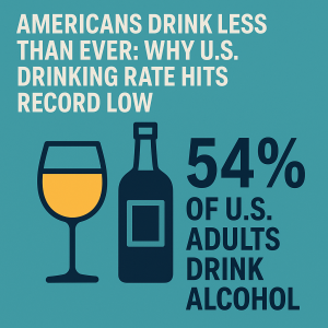 Infographic showing the U.S. drinking rate at a record low, highlighting Gallup poll July 2025 findings that only 54 percent of American adults drink, with rising concerns about moderate drinking risks and shifting alcohol perception.