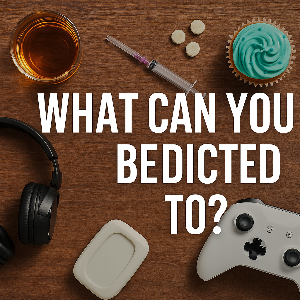 Minimalist icons representing gambling, gaming, exercise, shopping, phone use, and food under the question “What Can You Be Addicted To?”