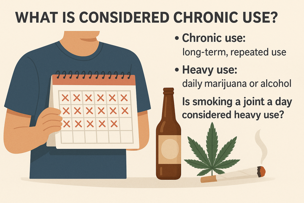 Illustration showing a calendar marked daily with red X’s, alongside a cannabis leaf, alcohol bottle, and a lit joint, representing chronic and heavy use patterns.