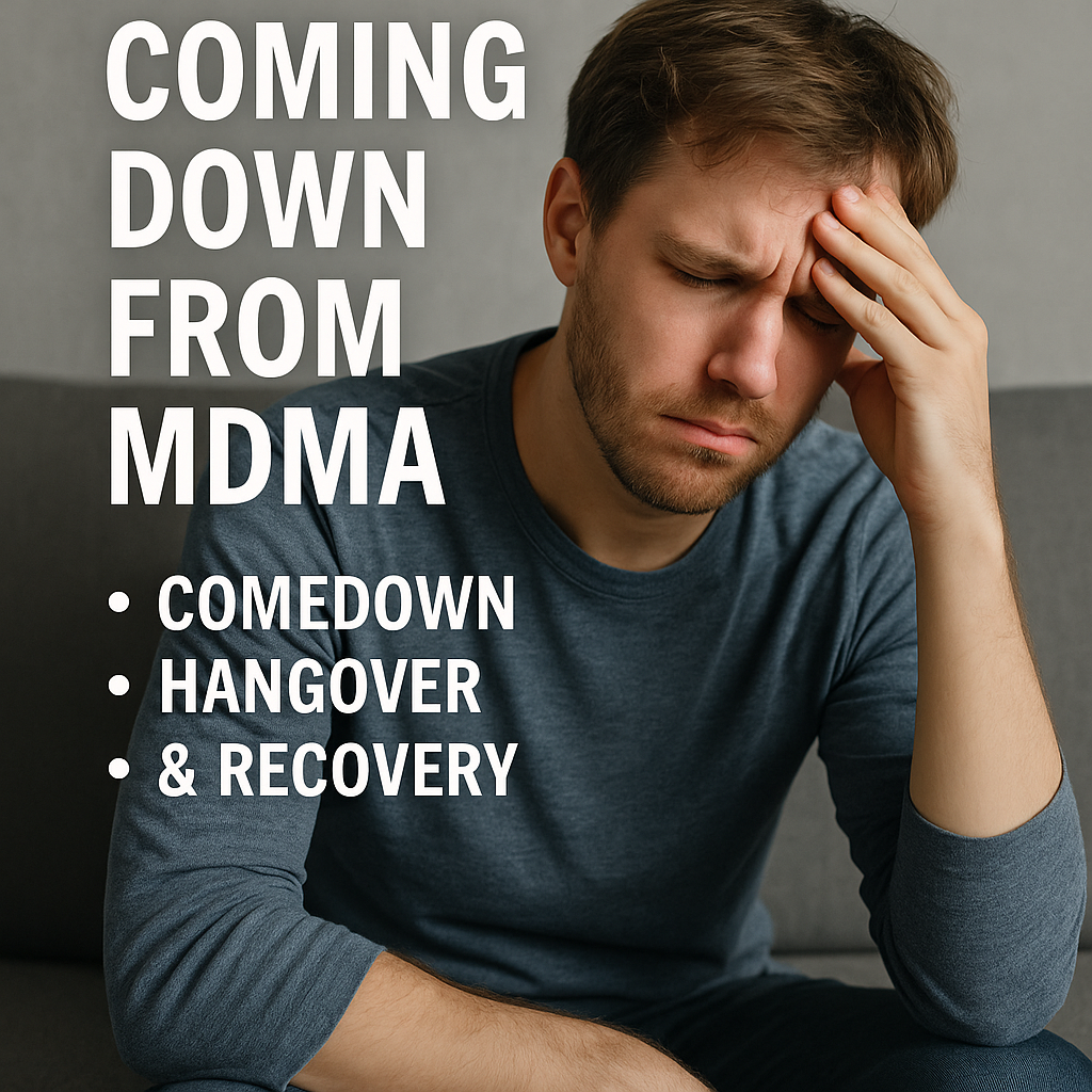 Realistic image of a young man looking fatigued and distressed, holding his head, representing the comedown from MDMA, ecstasy, or molly.