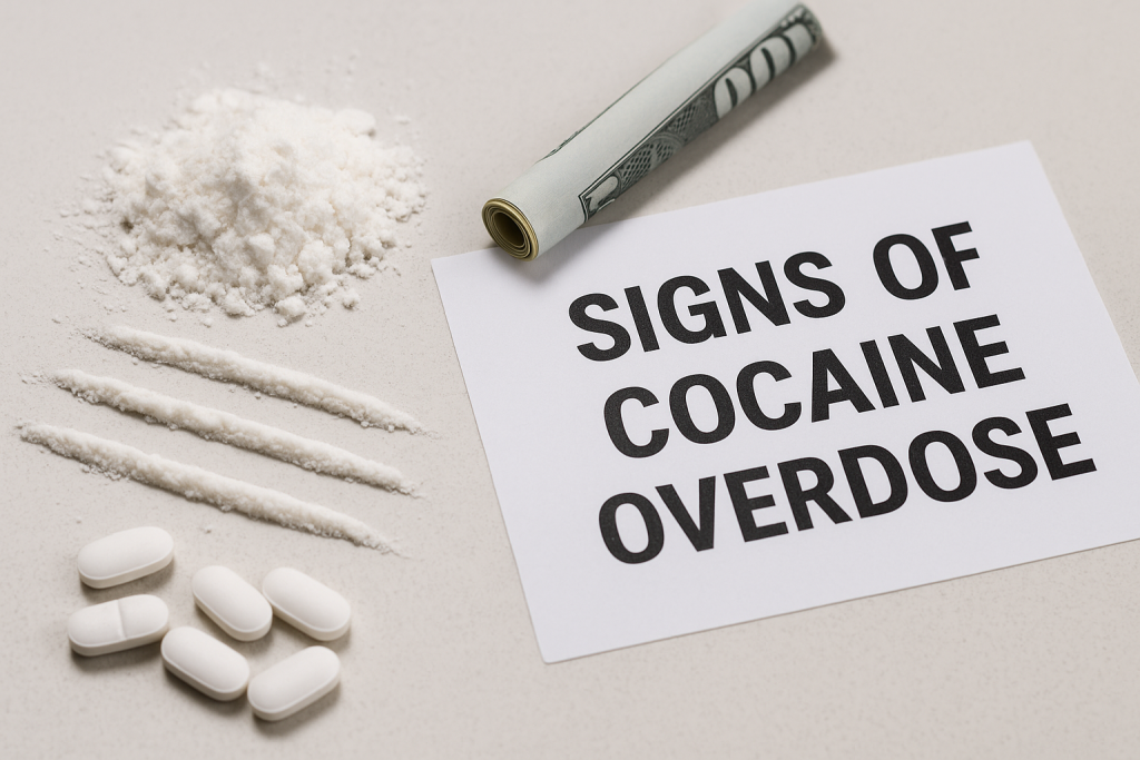 A 4K image showing cocaine powder, rolled bill, and warning card labeled “Signs of Cocaine Overdose” with listed symptoms.