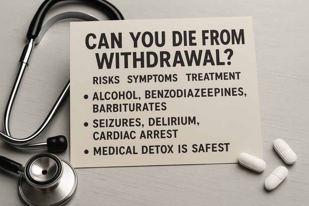A 4K concept image showing a medical warning card reading “Can Withdrawal Kill You?” alongside pills, a stethoscope, and listed risks like seizures, delirium, and cardiac arrest.