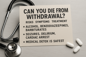 A 4K concept image showing a medical warning card reading “Can Withdrawal Kill You?” alongside pills, a stethoscope, and listed risks like seizures, delirium, and cardiac arrest.