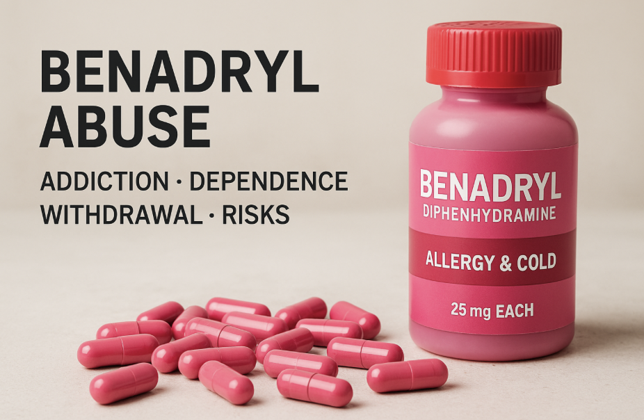 A realistic photo of Benadryl pills spilled from a bottle labeled with risks of abuse, addiction, withdrawal, and dependence.