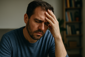An adult sitting with head in hands, showing signs of stress and mental fatigue, symbolizing the overlap of add or depression and how depression causing ADHD symptoms can appear in daily life.